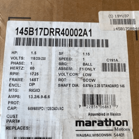 Marathon Motors 145B17DRR40002A1 Gp Motor, Cap-Start/Cap-Run, 1/2 Hp (NEW)