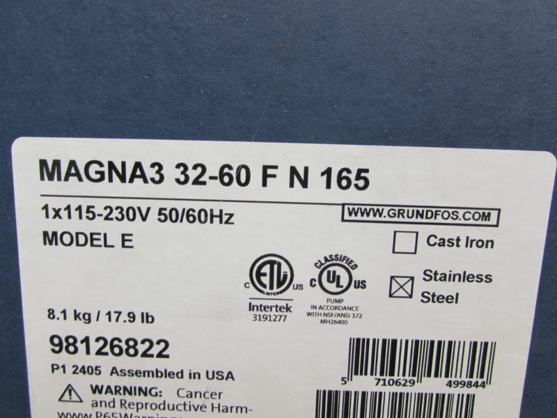 NEW-OPEN BOX GRUNDFOS MAGNA3 32-60 F N 165 MODEL E 98126822 230V 50/60HZ (14D)