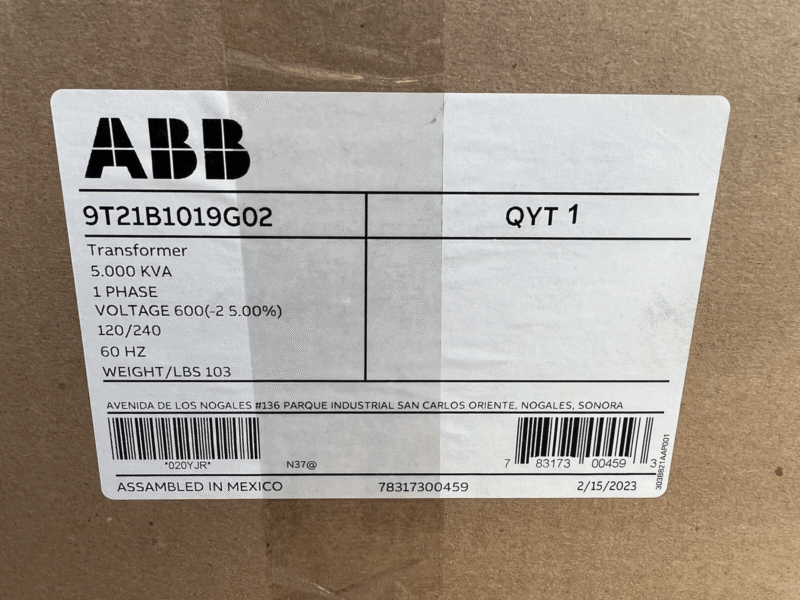 9T21B1019G02 GE 5 KVA 600X120/240V Single Phase Encapsulated Transformer New