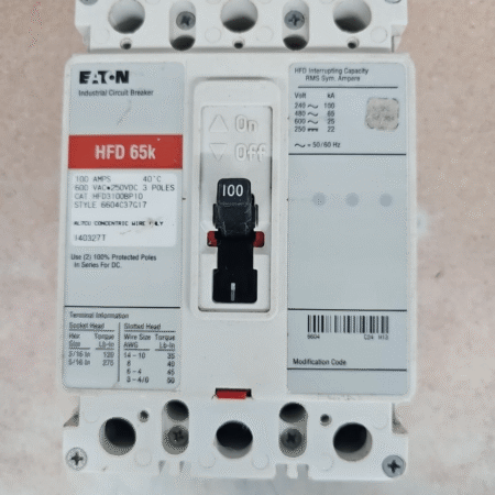 EATON HFD3100BP10 3 POLE 100A HFD 65K CIRCUIT BREAKER NEW TAKE OUT