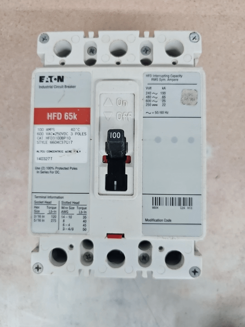 EATON HFD3100BP10 3 POLE 100A HFD 65K CIRCUIT BREAKER NEW TAKE OUT