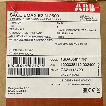 ABB SACE EMAX E3N 2500A Circuit Breaker E3N2500PR122/P-LSIGIn=2500A3pFHR NEW NIB