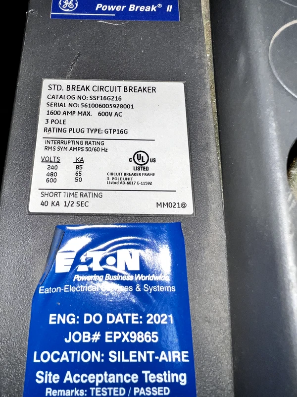 STD. BREAK CIRCUIT BREAKER SSF16G216 1600A, 3 POLE, 600V 2 SSF16G216 0