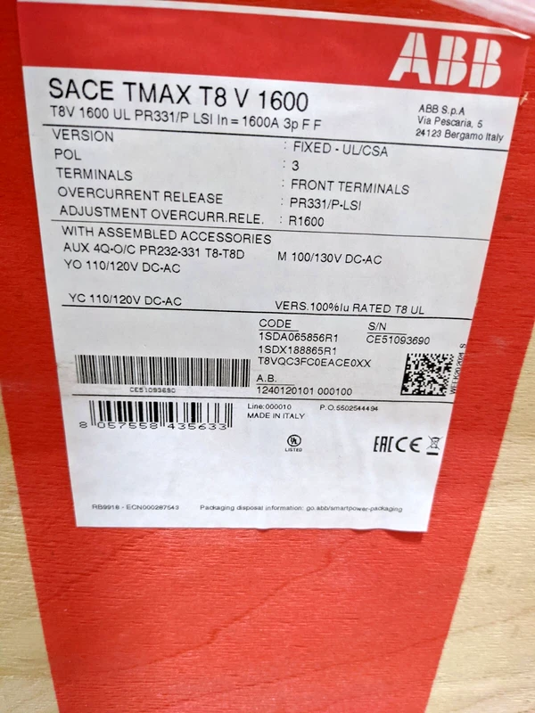 ABB Circuit Breaker MCCB T8 1600A 3P T8VQC3FC0EACE0XX 2 T8VQC3FC0EACE0XX 0