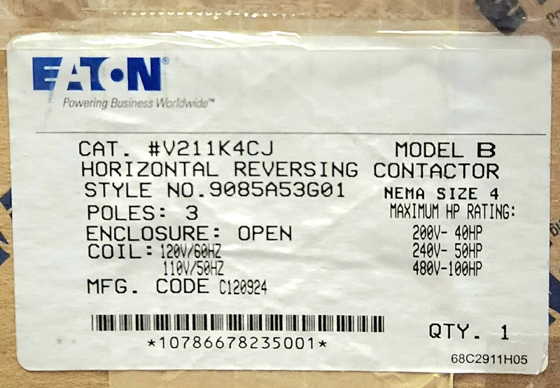 EATON CUTLER HAMMER V211K4CJ Size 4 V200 V211 Reversing Vacuum Contactor 120 VAC 2 V211K4CJ 0