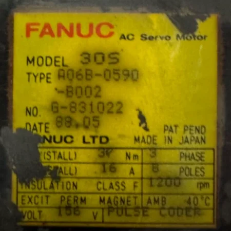 Fanuc A06B-0590-B002 3 PH 8P 1200RPM 30S AC Servo Motor w/ Serial A Pulse Coder