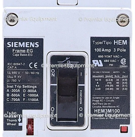 * SIEMENS HEM3M100 100A 480V 3 POLE CIRCUIT BREAKER