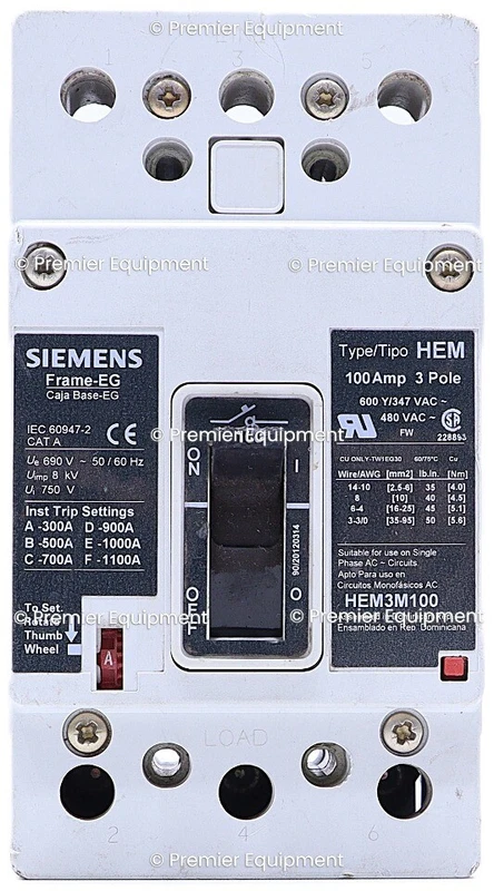 * SIEMENS HEM3M100 100A 480V 3 POLE CIRCUIT BREAKER 2 HEM3M100 0