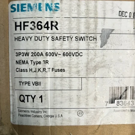 HF364R SIEMENS 3 POLE 200A 600V HEAVY DUTY SAFETY SWITCH TYPE VBII