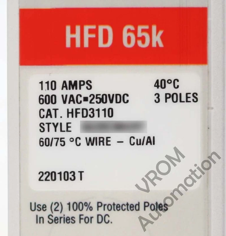 Surplus Eaton HFD3110 Eaton Circuit Breaker - 3 Pole 110A 600VAC 65kA IC @ 480V 2 HFD3110 0