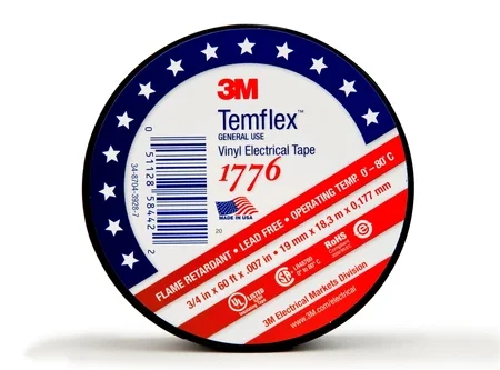 3M Temflex Vinyl Electrical Tape 1776, 3/4 in x 60 ft, 1-1/2 in C (Case of 100)