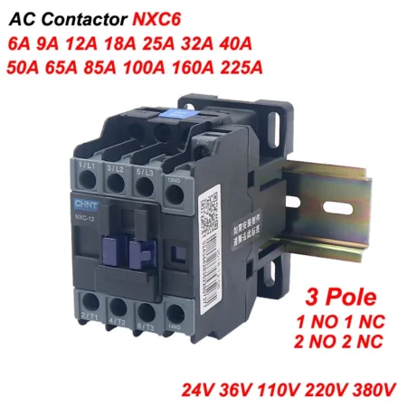 6Amp -225Amp AC Contactor 11kw 3 Pole 24-280 Volt Coil With NO NC Din Rail