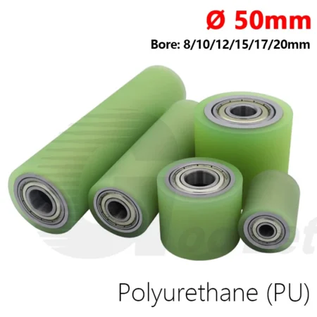 50mm Polyurethane Iron Core Roller Two Bearings PU Flat Belt Idler Guiding Wheel
