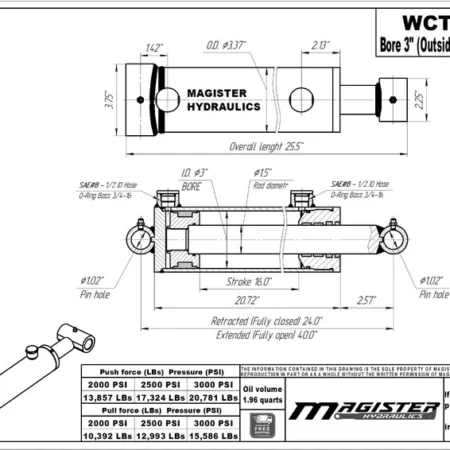 Hydraulic Cylinder Welded Double Acting 3" Bore 16" Stroke Cross Tube 3x16 NEW