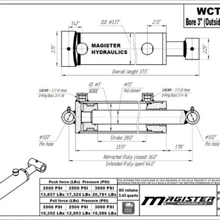 Hydraulic Cylinder Welded Double Acting 3" Bore 28" Stroke Cross Tube 3x28 NEW