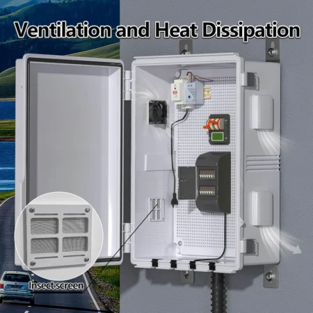 Outdoor Electrical Box with Thermostat and Fan, Ventilated Design, Cable Grom...
