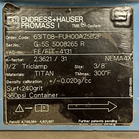 Endress Hauser Promass 38" (12" Triclamp) 63IT08-FUH00A25B2 Coriolis 63 | USED