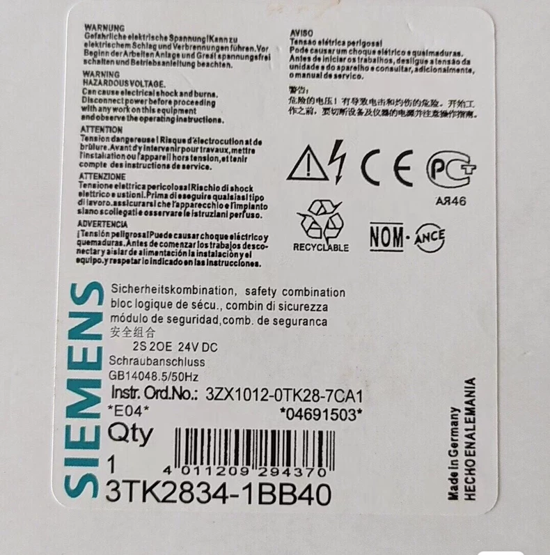 SIEMENS 3TK2834-1BB40 SAFETY RELAY