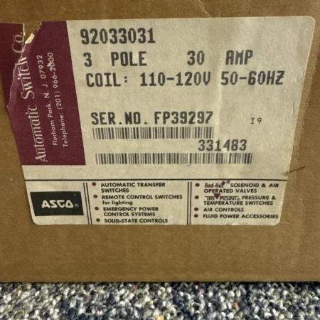 ASCO 920 Remote Control Switch 3 Pole 30 Amp 50-60hz- 110-120V - NEW OLD STOCK