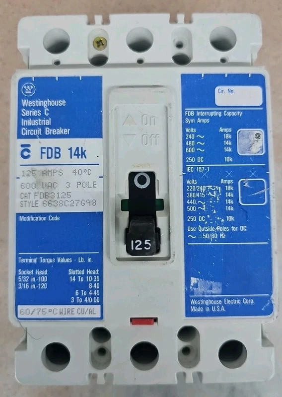 WESTINGHOUSE 125A 3-PHASE 3-POLE 600V SERIES F-FRAME CIRCUIT BREAKER 1 FDB3125