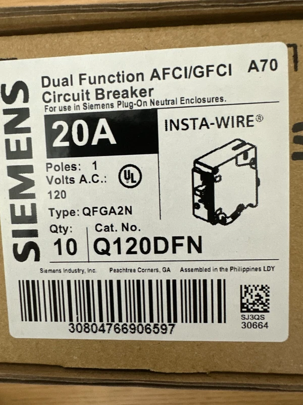 Siemens 10 Arc-fault/ground-fault Function Circuit Breaker Q120DFN X 1 None